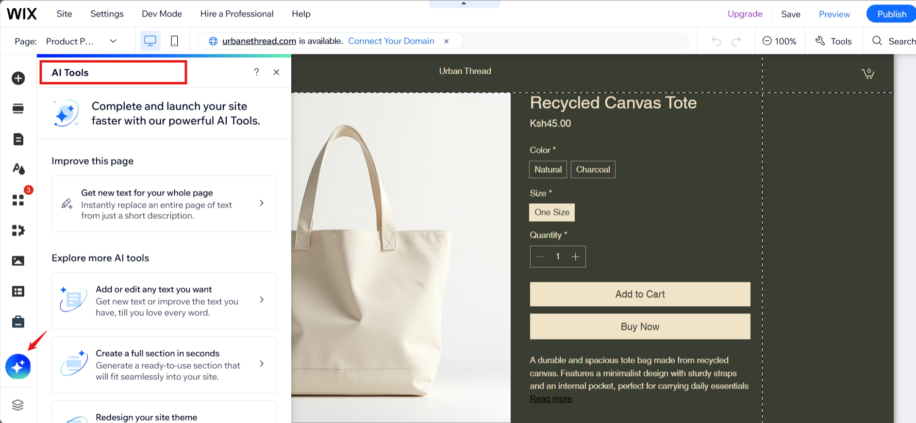 screenshot of Wix Website Builder AI Tools