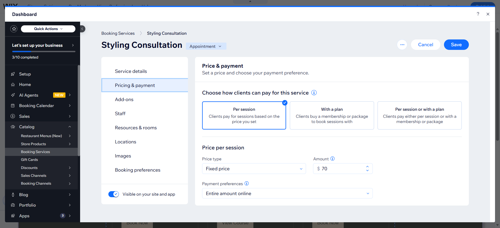 screenshot of Wix dashboard 'Price & Payments' tab