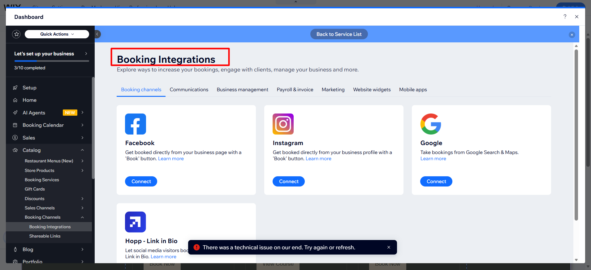 screenshot of Wix dashboard 'Booking Integrations' tab