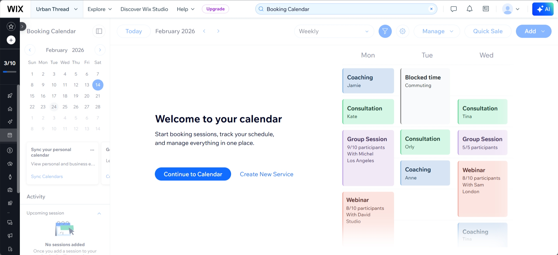 screenshot of Wix dashboard Booking Calendar