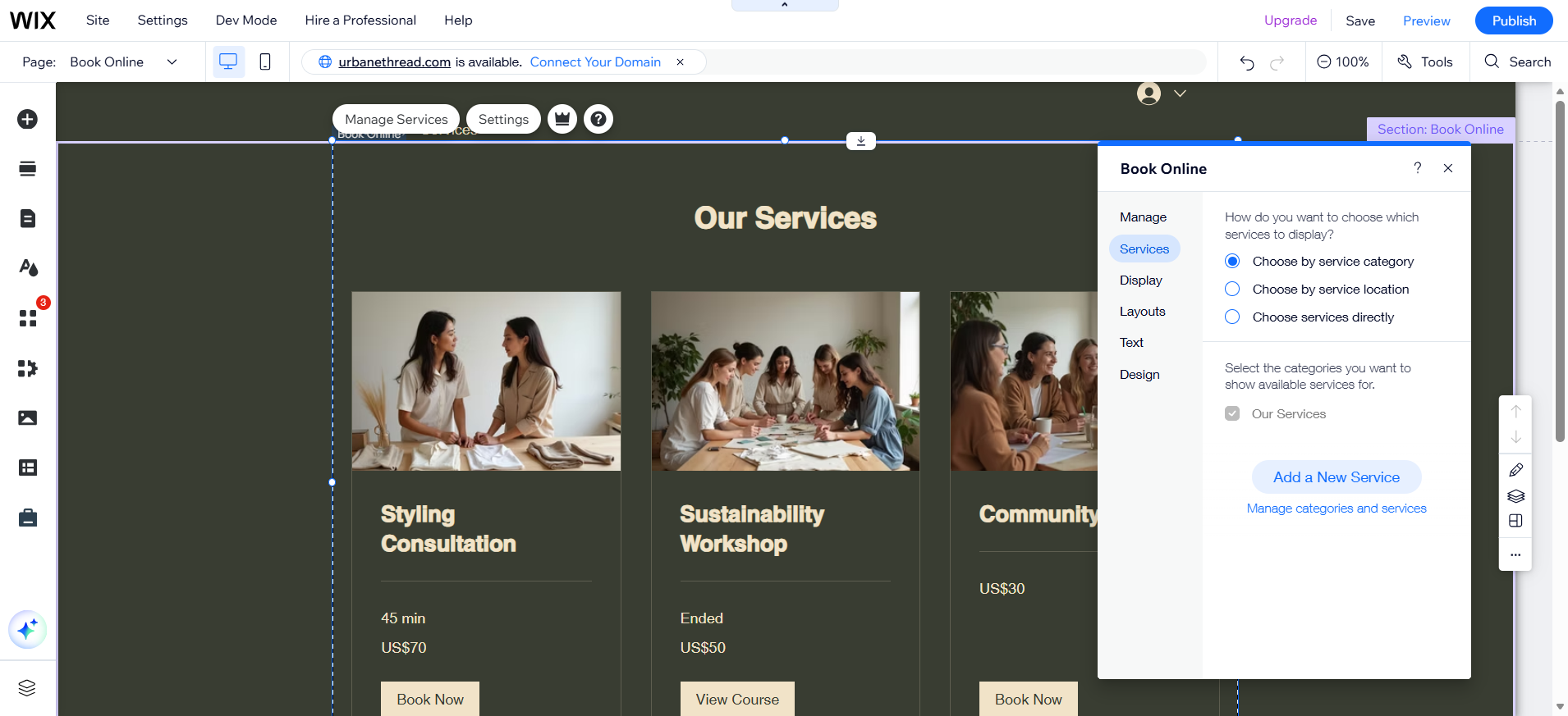 screenshot of Wix Book Online Page
