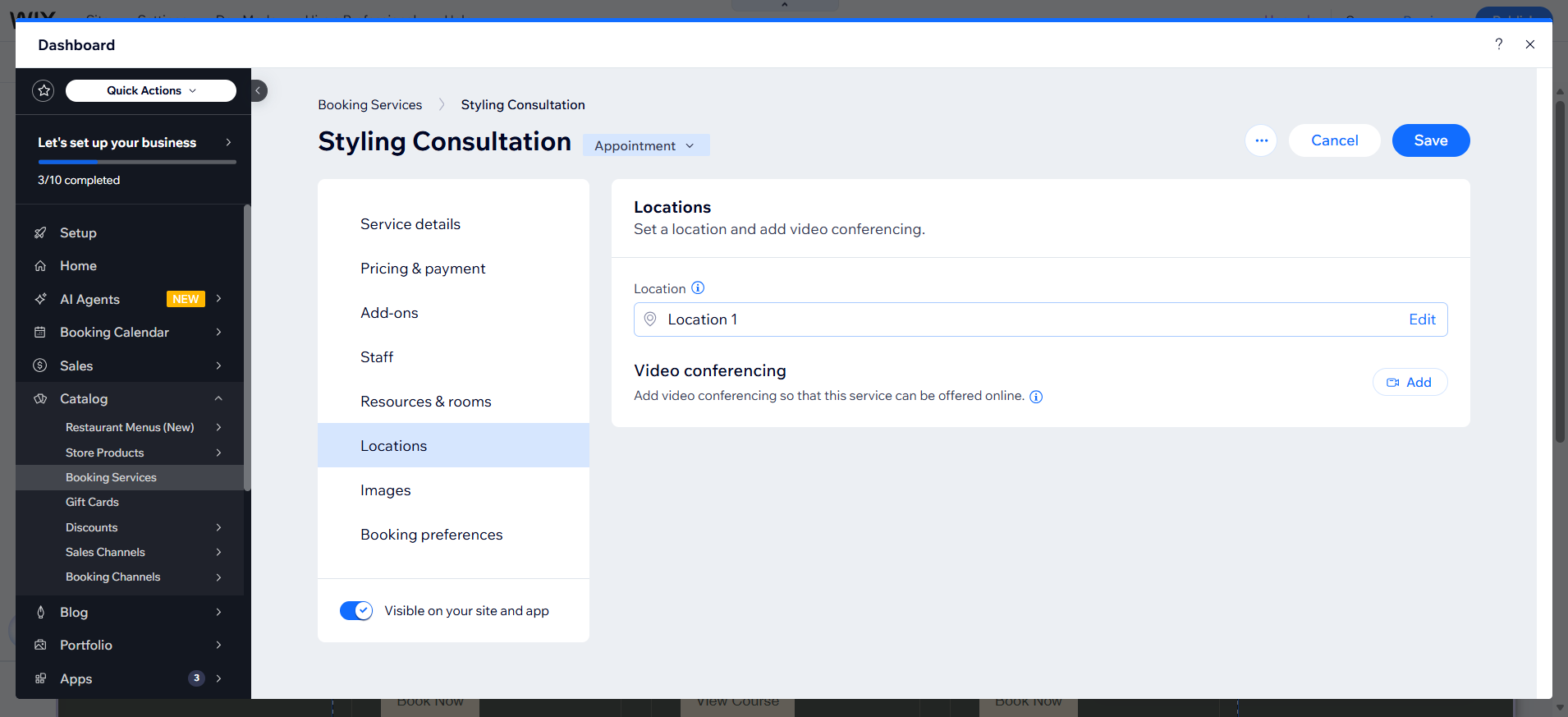 screenshot of Wix Dashboard 'Styling Consultation' page 'Locations' tab highlighted