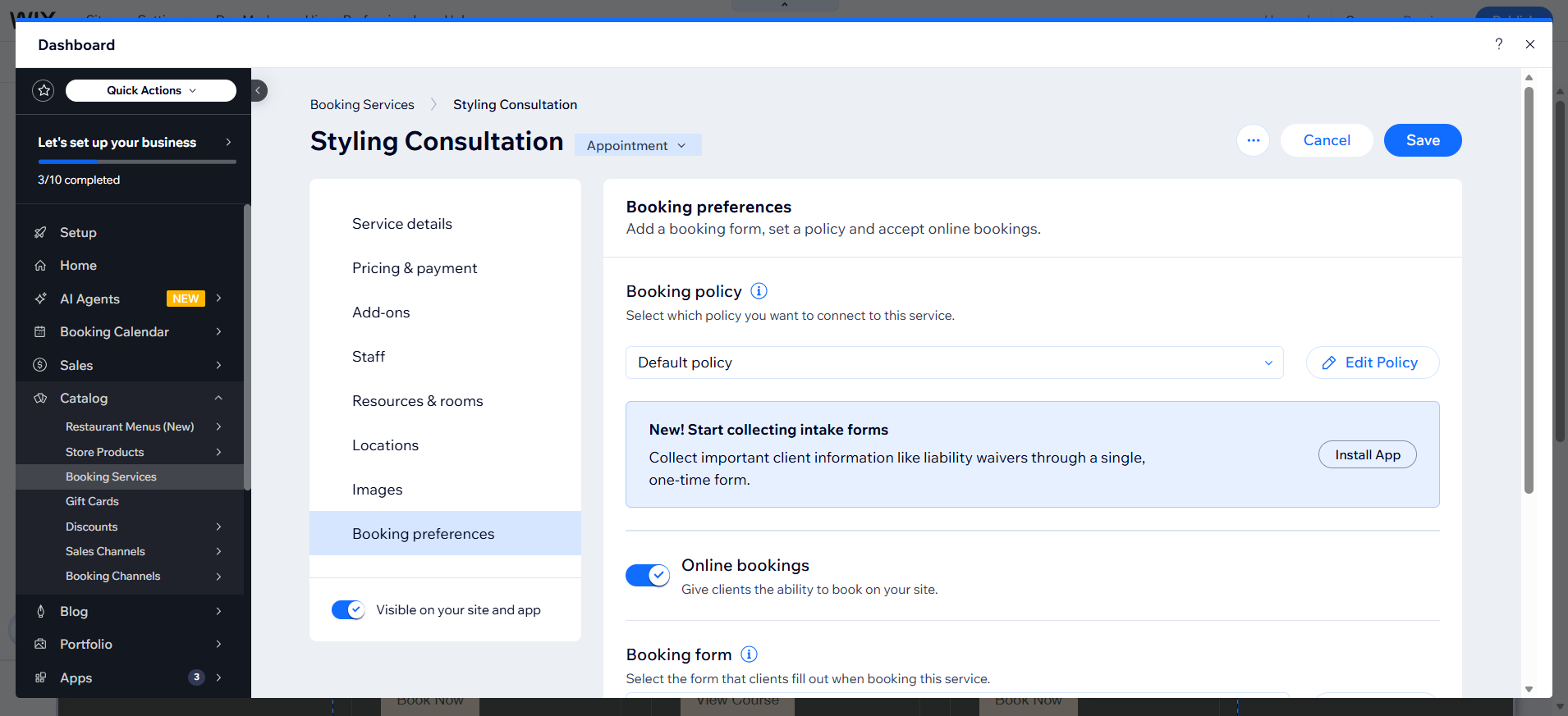 screenshot of Wix Dashboard 'Styling Consultation' page 'Bookings preferences' tab highlighted