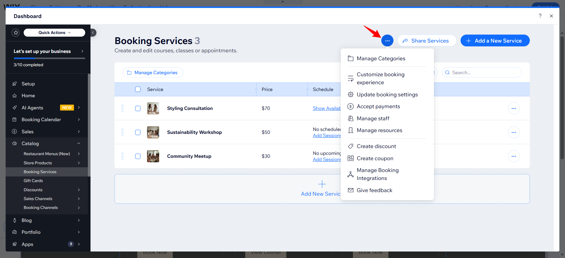 screenshot of Wix Dashboard 'Booking Services' tab settings