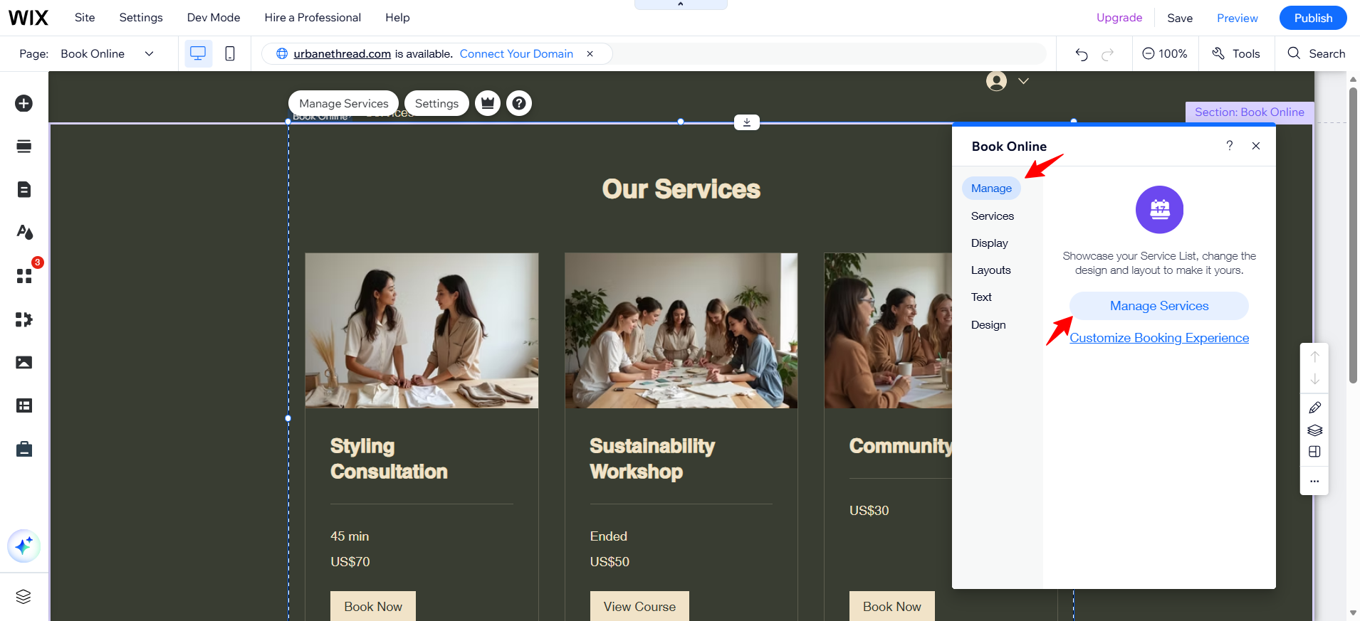 screenshot of Wix Book Online window with the 'Manage Services' button highlighted