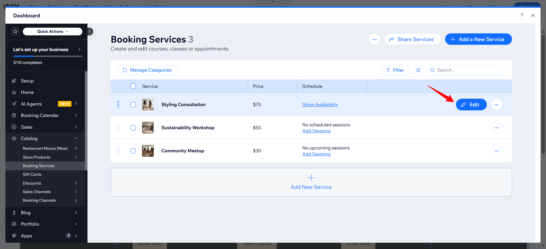 screenshot of Wix Book Services tab with the 'Edit' button highlighted