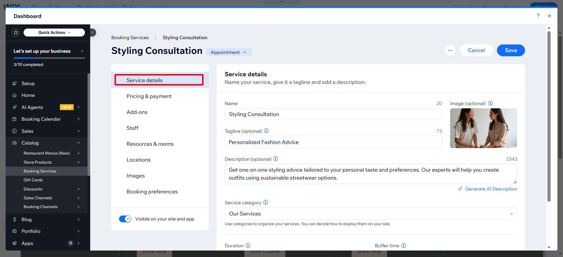 screenshot of Wix Dashboard 'Styling Consultation' page 'Service details' tab highlighted