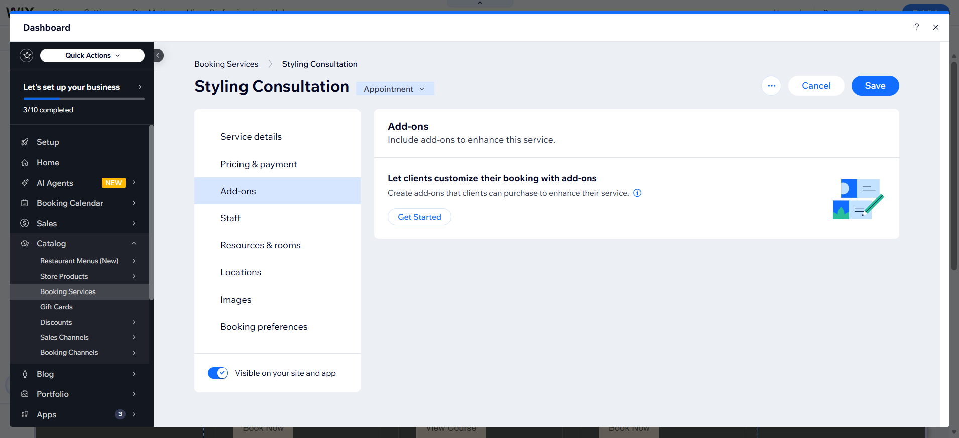 screenshot of Wix Dashboard 'Styling Consultation' page 'Add-ons' tab highlighted