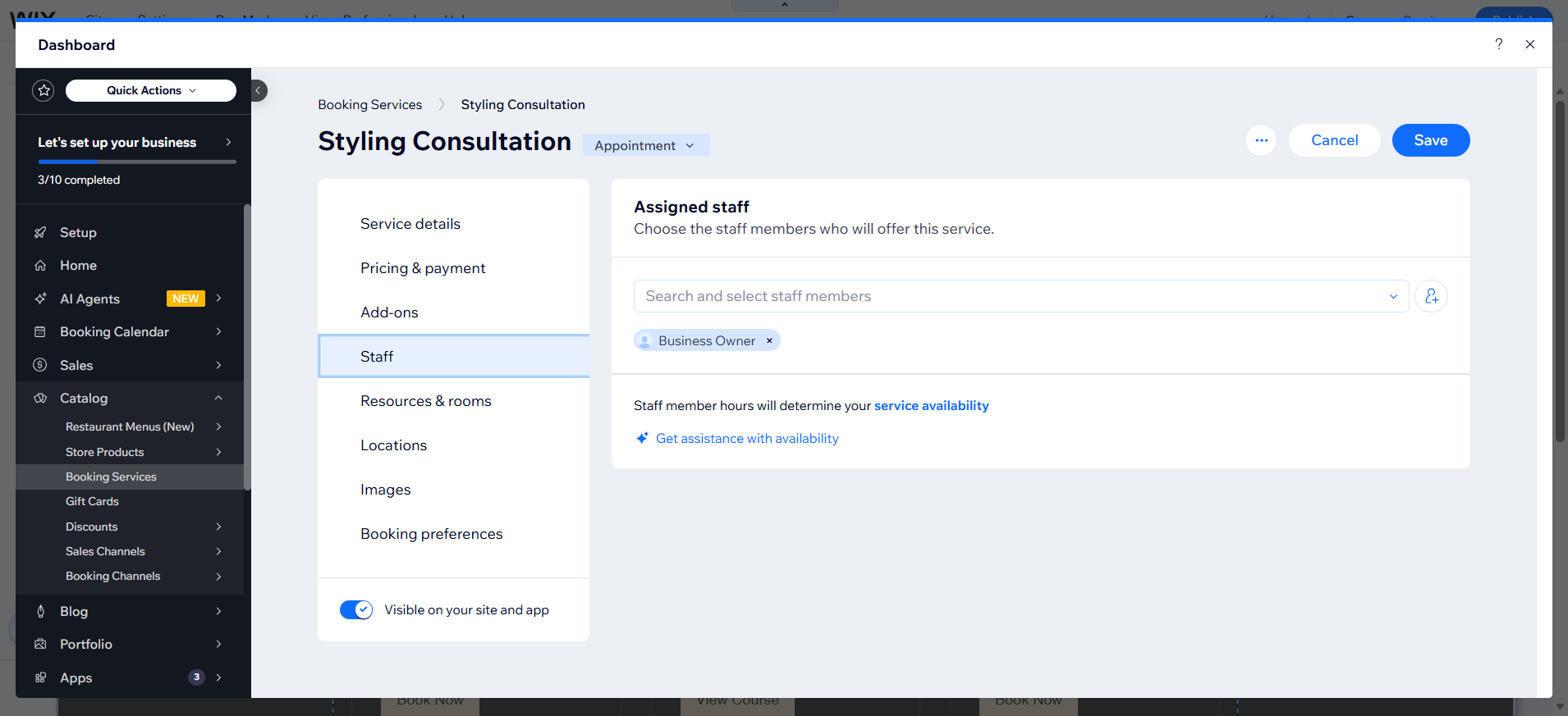 screenshot of Wix Dashboard 'Styling Consultation' page 'Staff' tab highlighted