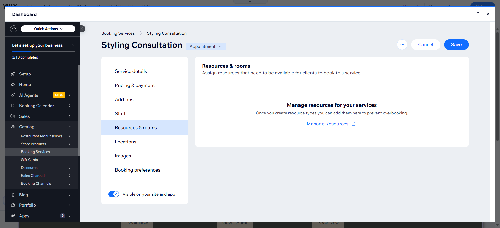 screenshot of Wix Dashboard 'Styling Consultation' page 'Resources & Rooms' tab highlighted
