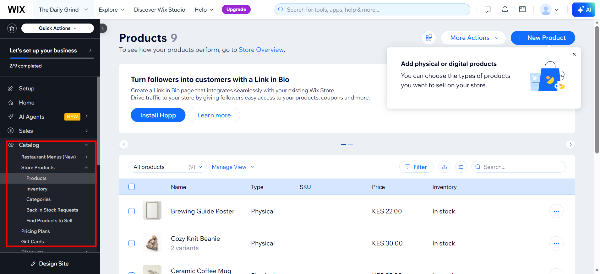 screenshot of Wix dashboard 'Catalog' menu