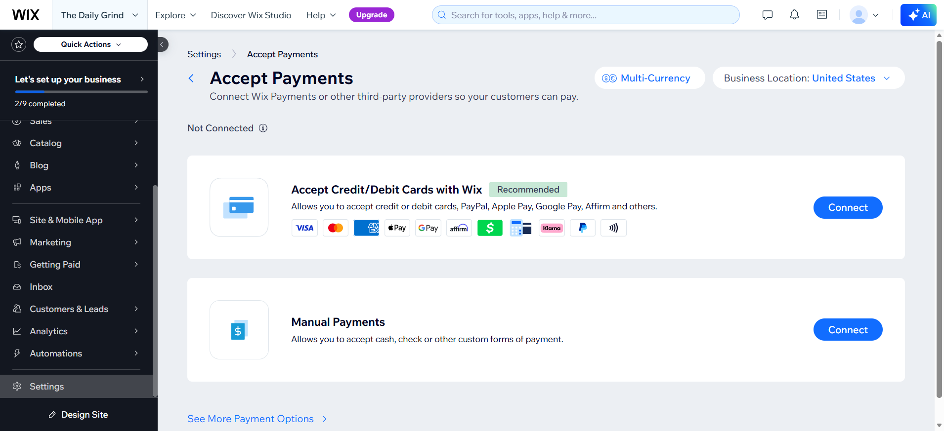 screenshot of Wix dashboard 'Accept Payments' menu