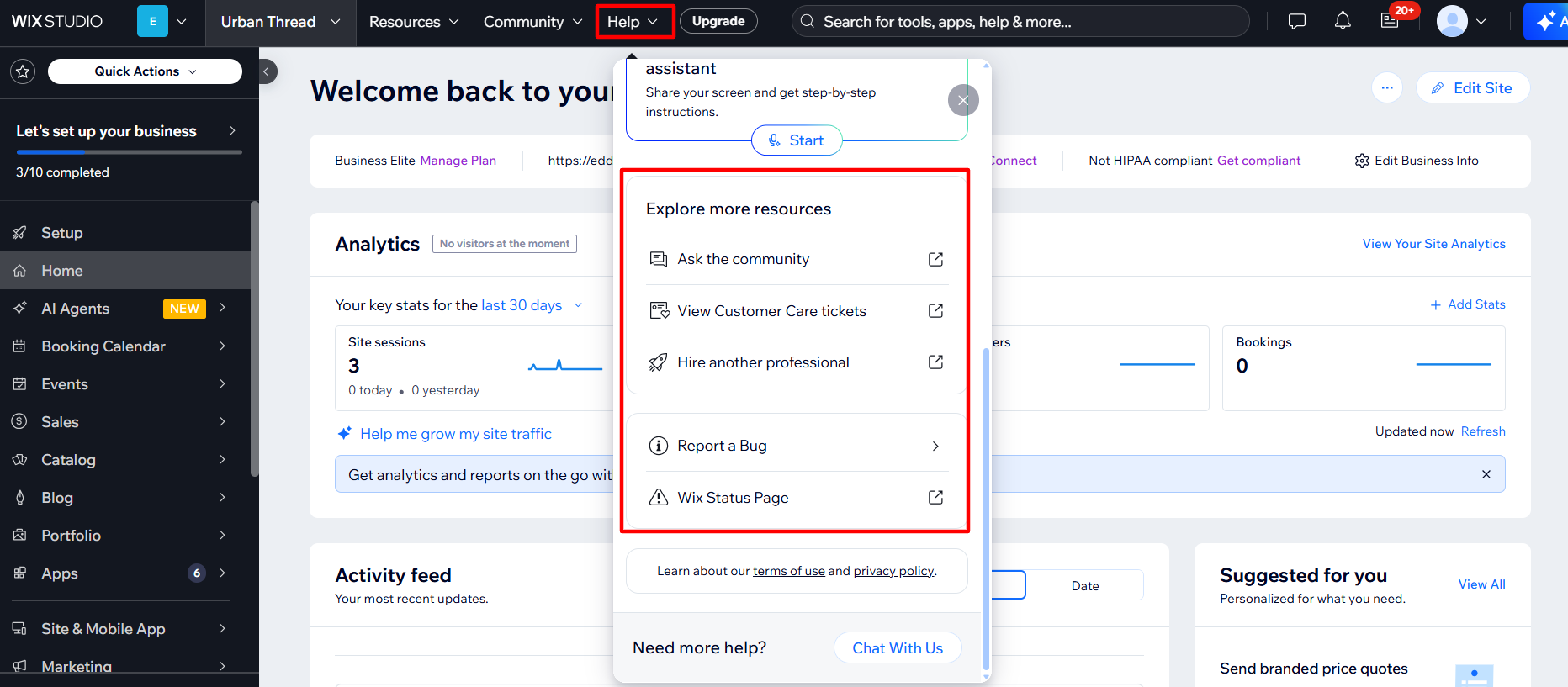 screenshot of Wix dashboard 'Help' menu