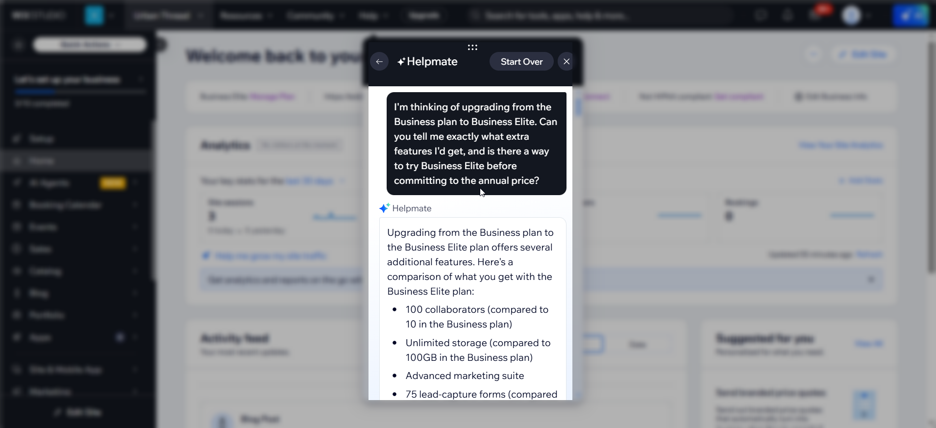 screenshot of Wix AI chat conversation