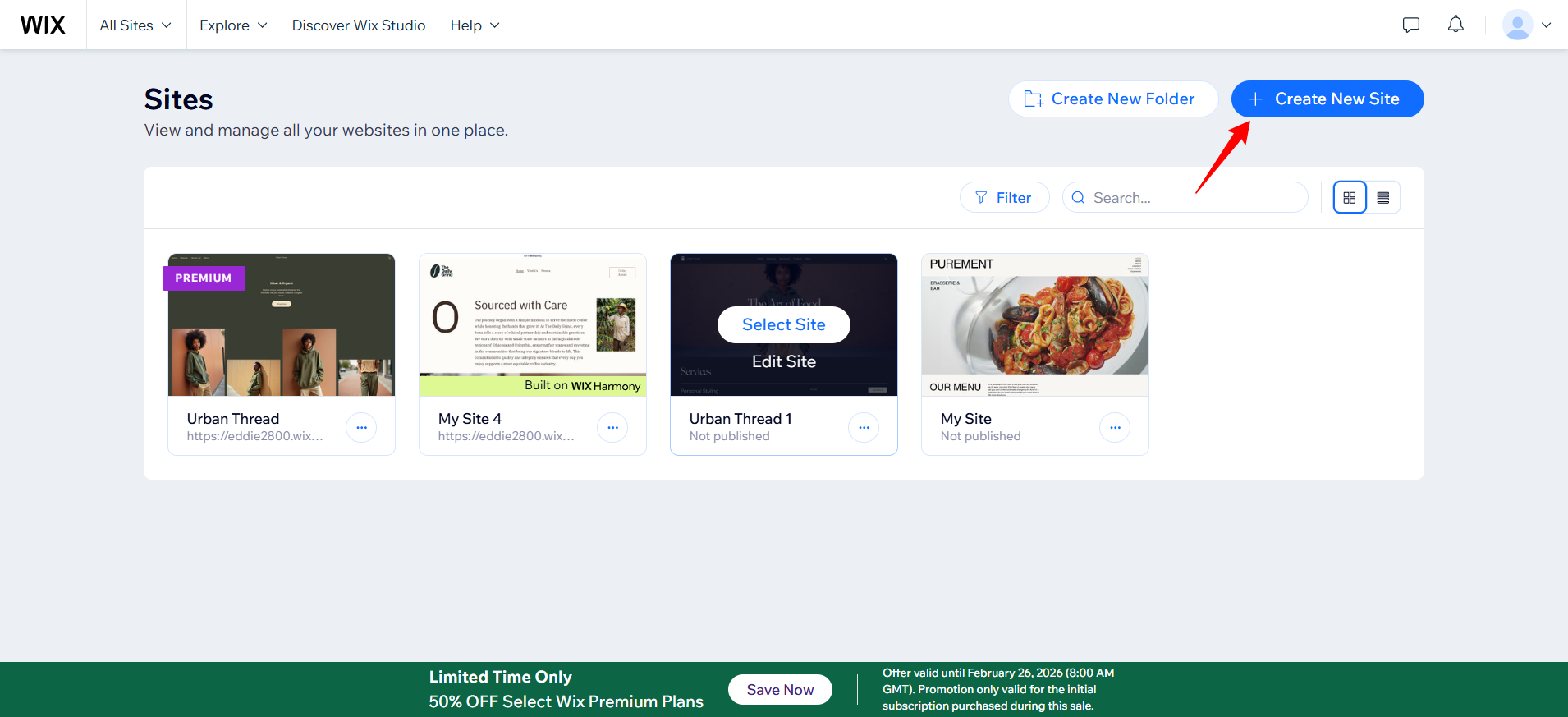 screenshot of Wix Sites page with the '+ Create New Site' button