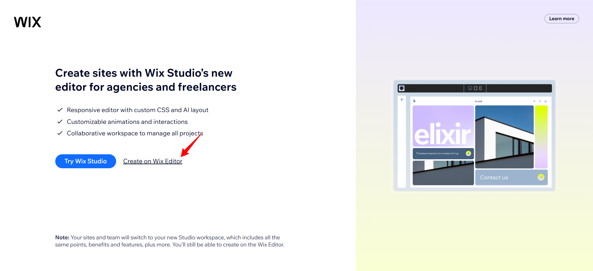 screenshot of the 'Create on Wix Editor' button