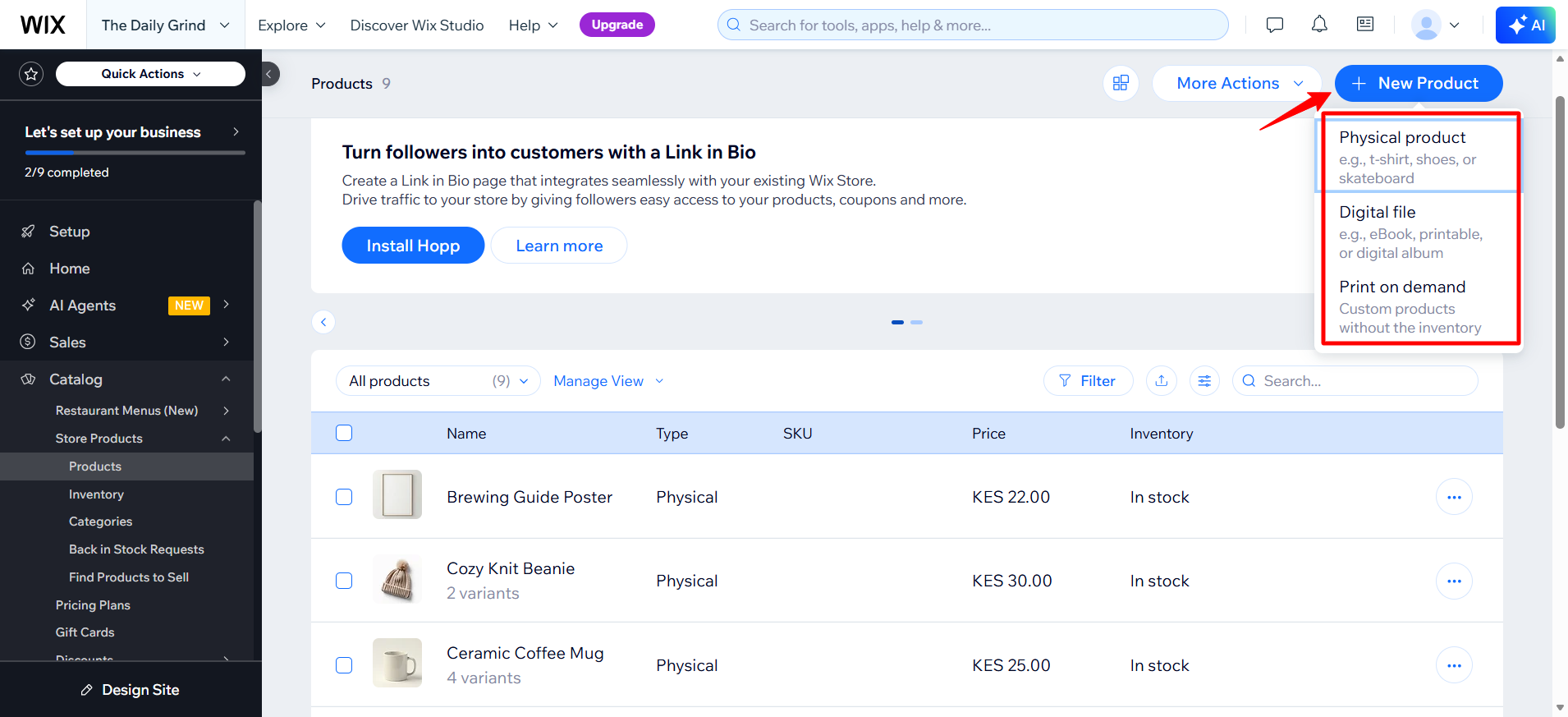 screenshot of the '+ New Project' dropdown menu
