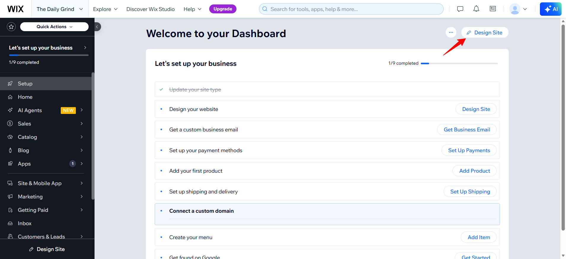 screenshot of the Wix Dashboard 'Design Site' button