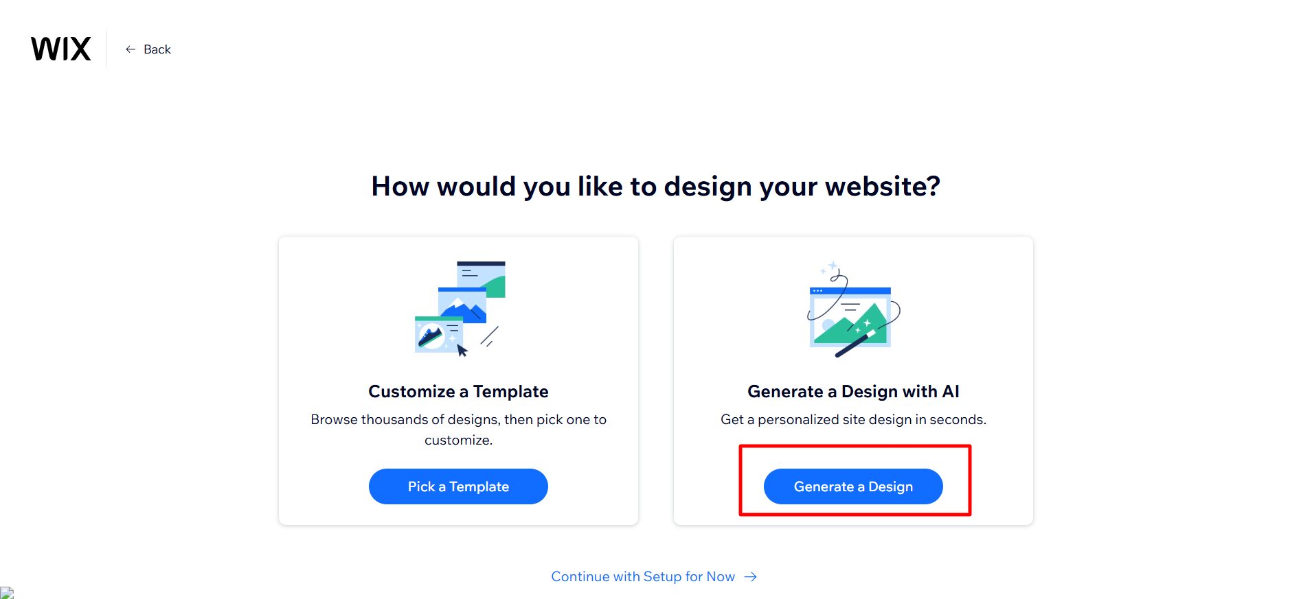 screenshot of the Wix Dashboard 'Generate a Design' button
