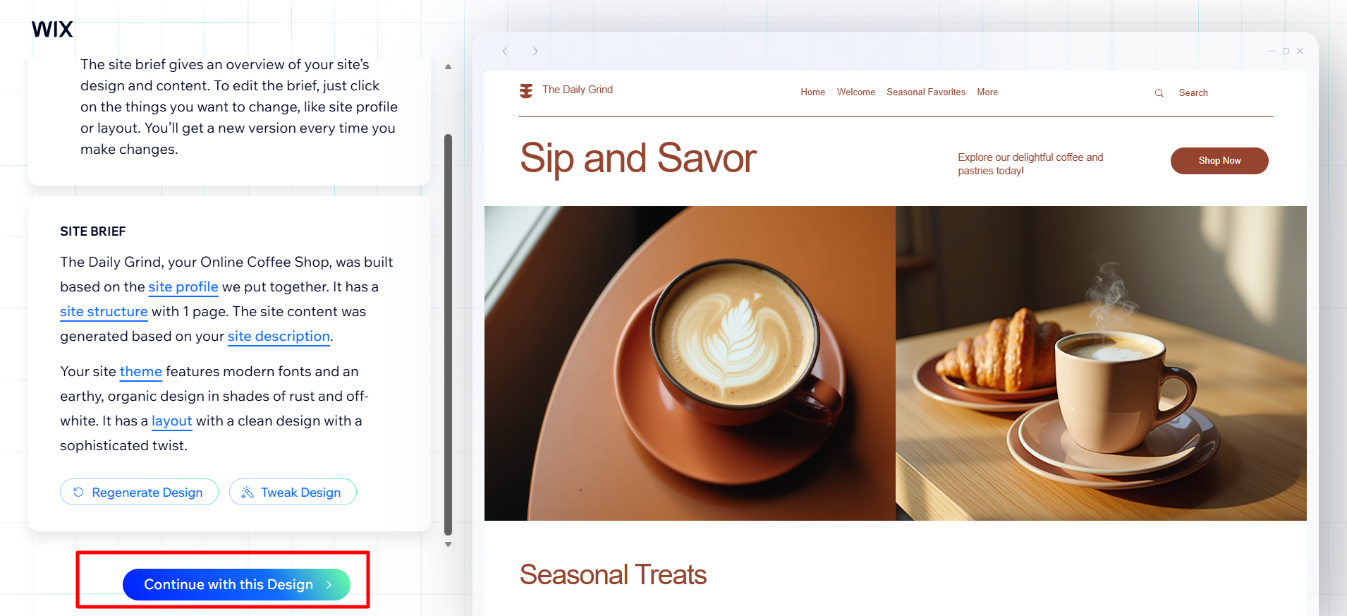 screenshot of the 'Continue with this Design' button
