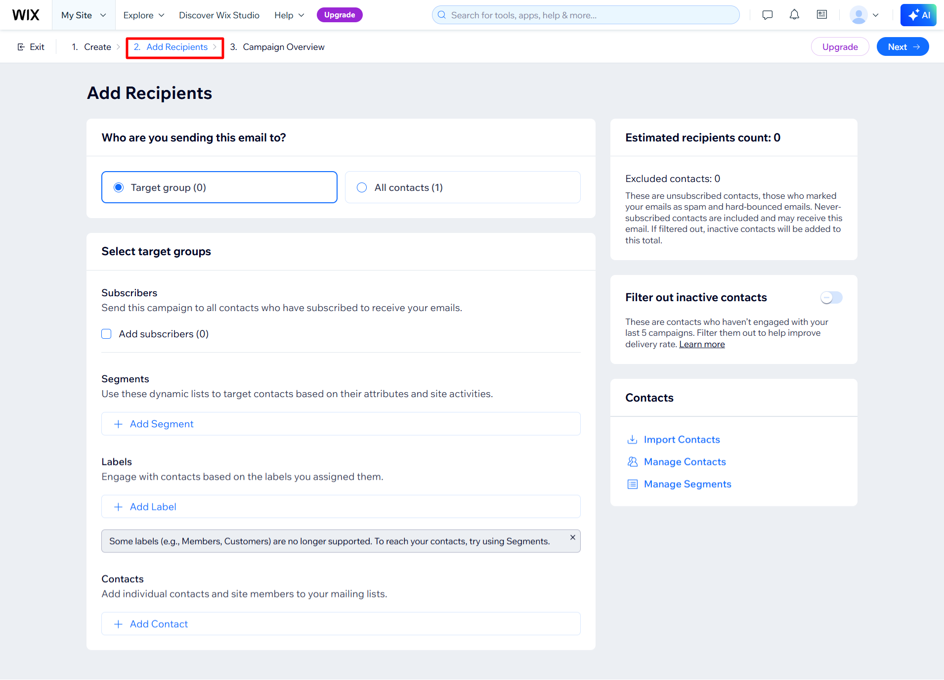 screenshot of Wix dashboard 'Add Recipients' tab