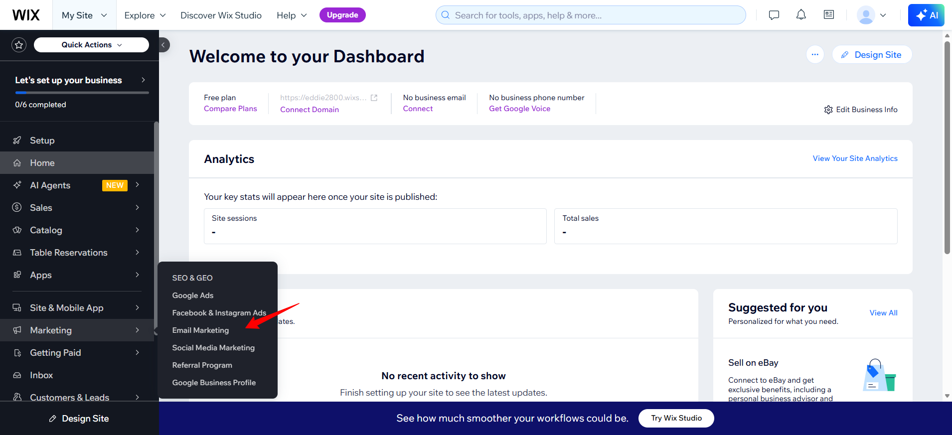 screenshot of Wix Dashboard left sidebar with the 'Email Marketing' button highlighted