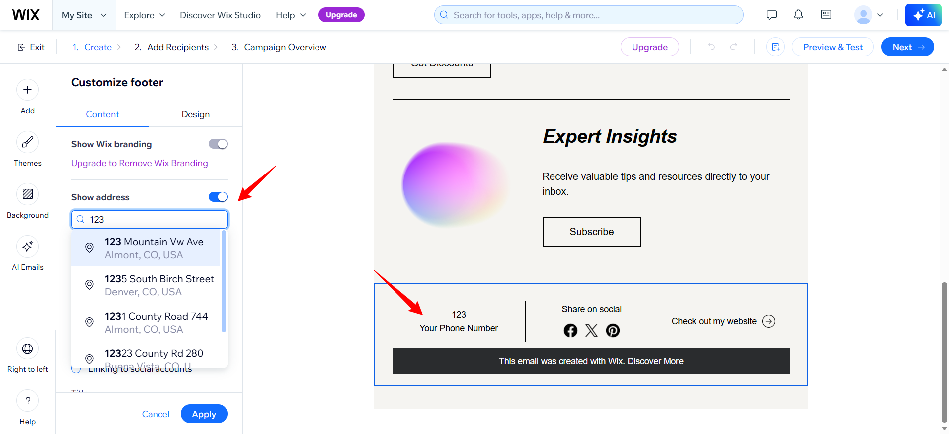 screenshot of footer customization panel