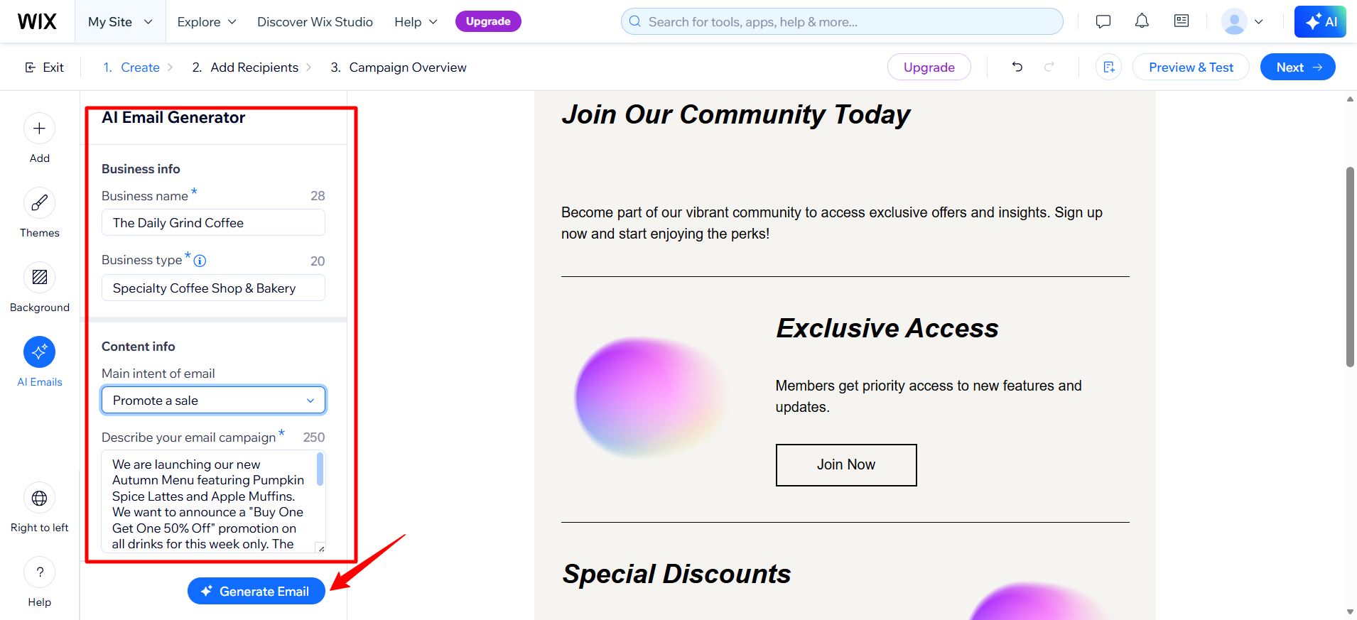 screenshot of the AI Email generator