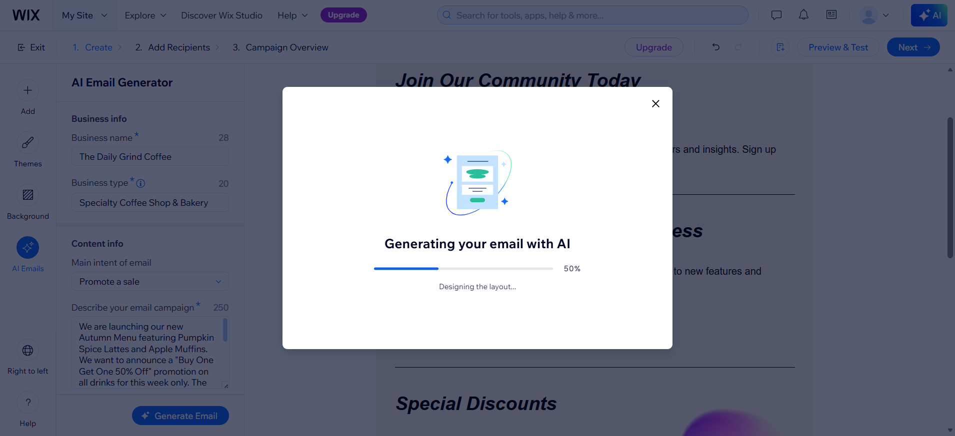screenshot of the 'Generating Your Email with AI' pop-up window