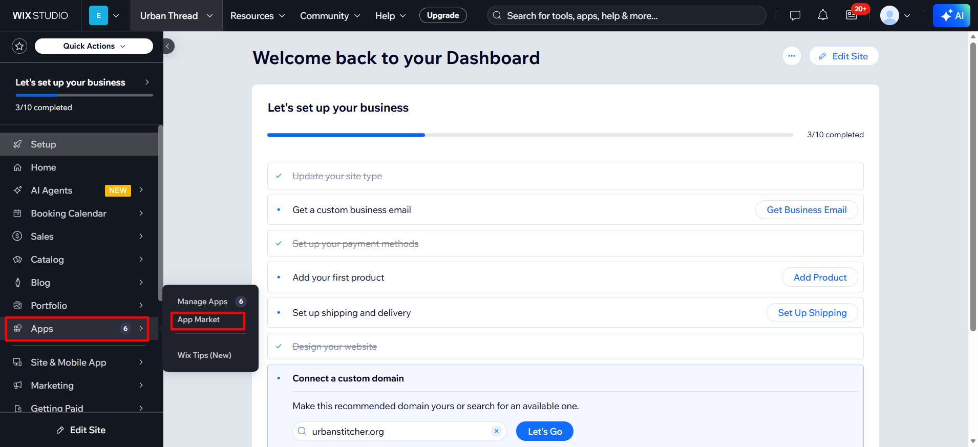 screenshot of Wix Dashboard 'Apps Market' button