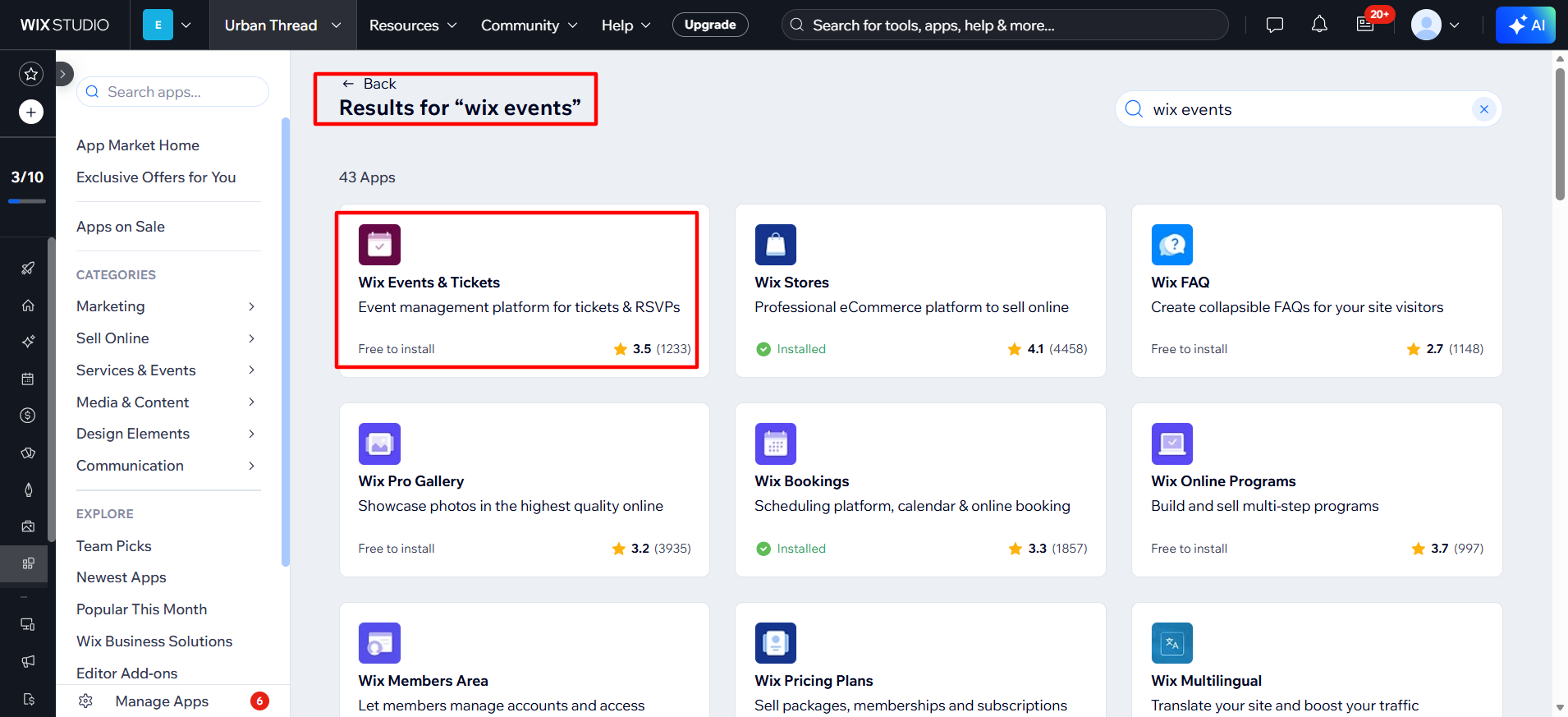 screenshot of Wix Studio Dashboard 'Wix Events & Tickets' button