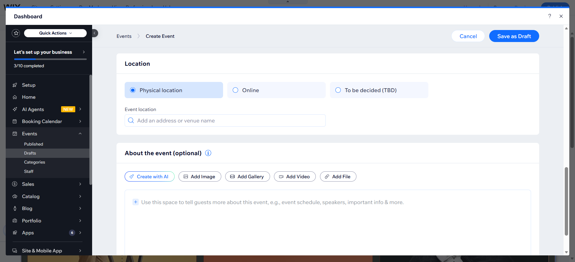 screenshot of Wix Dashboard 'Events Draft' tab