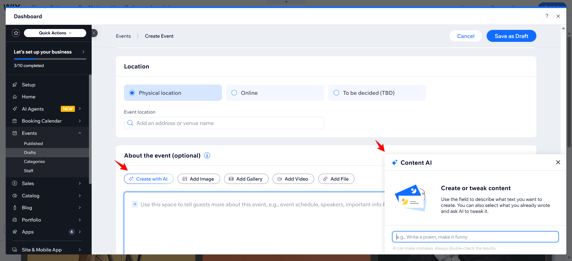 screenshot of Wix Dashboard 'About the Event' tab