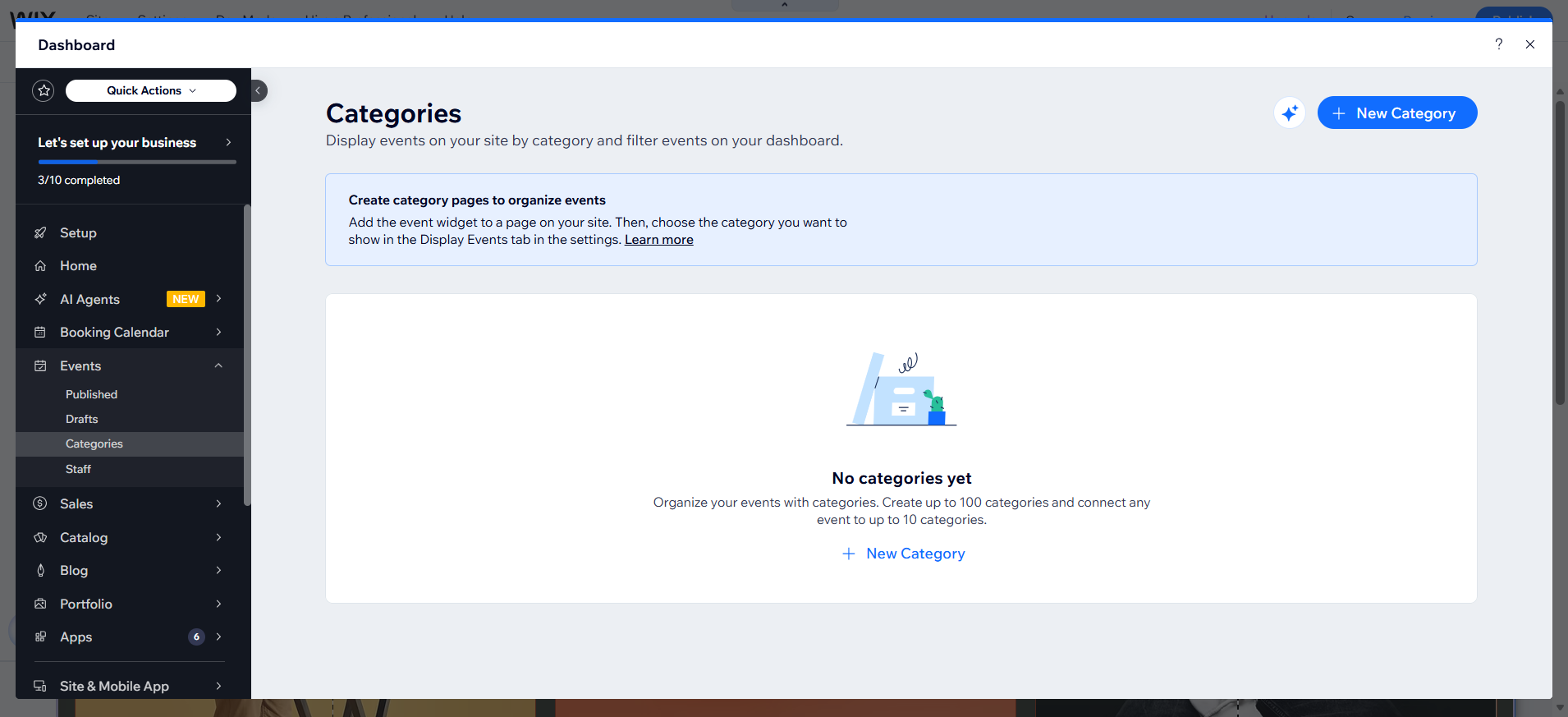 screenshot of Wix Dashboard 'Events Categories' tab