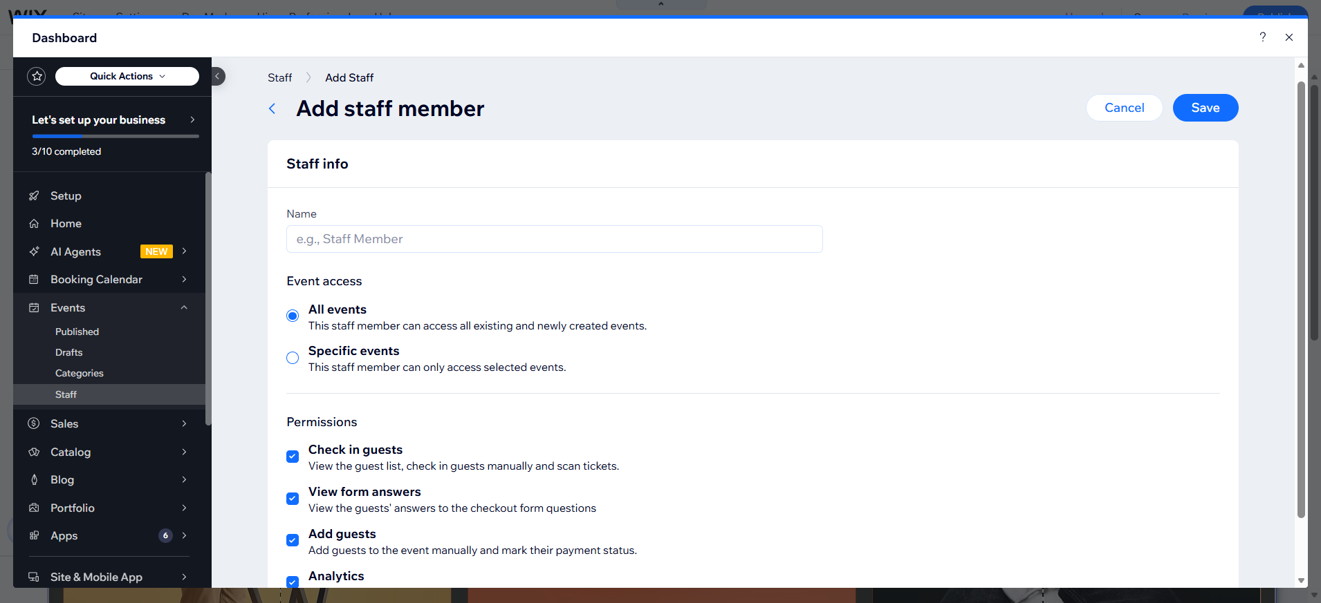 screenshot of Wix Dashboard 'Events Staff' tab