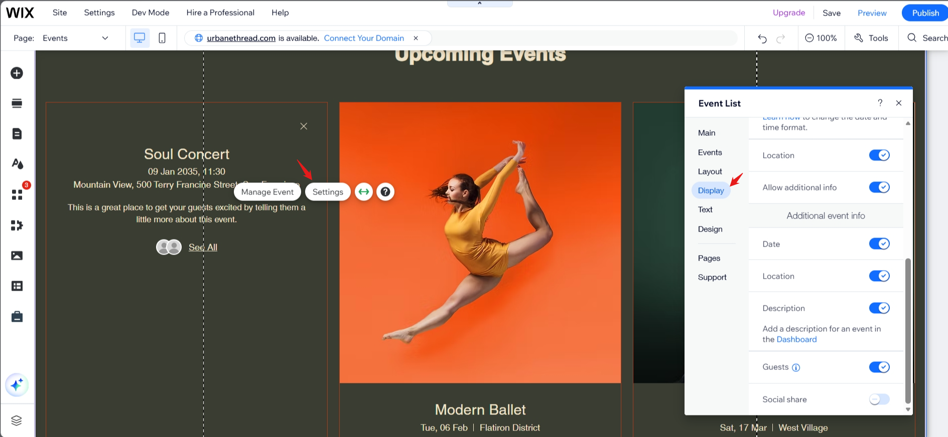 screenshot of Wix Event List settings