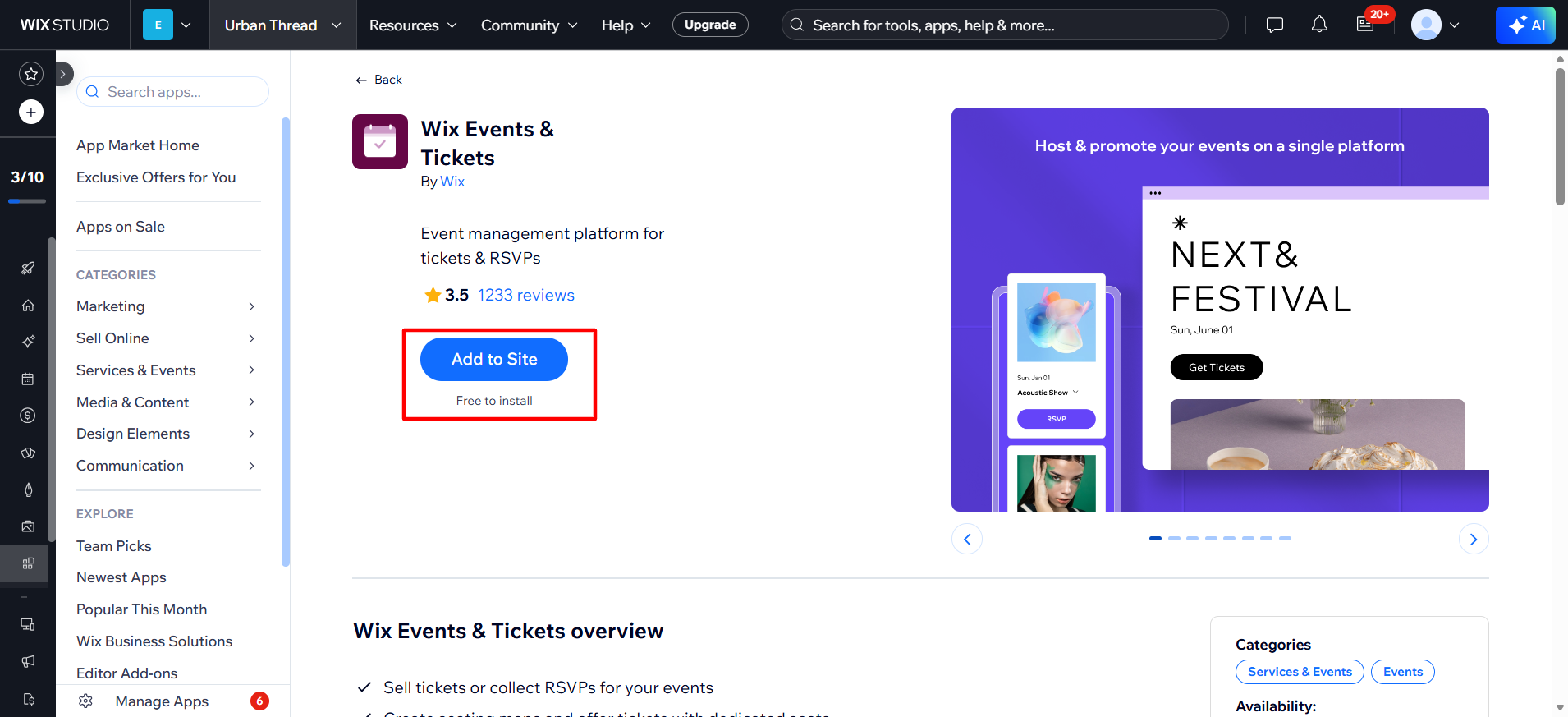 screenshot of Wix Studio Dashboard 'Wix Events & Tickets' app 'Add to Site' button