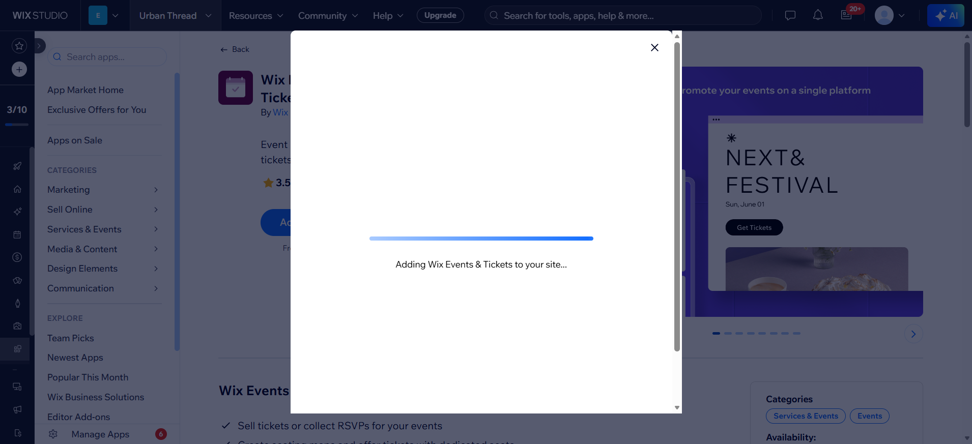 screenshot of adding the Events app