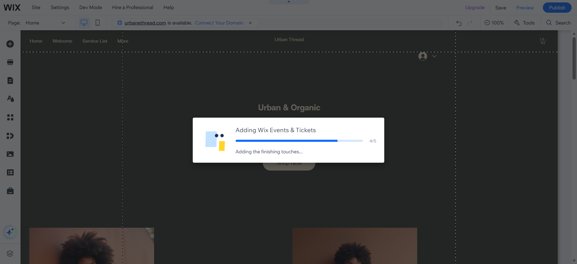 screenshot of adding Wix Events & Tickets app