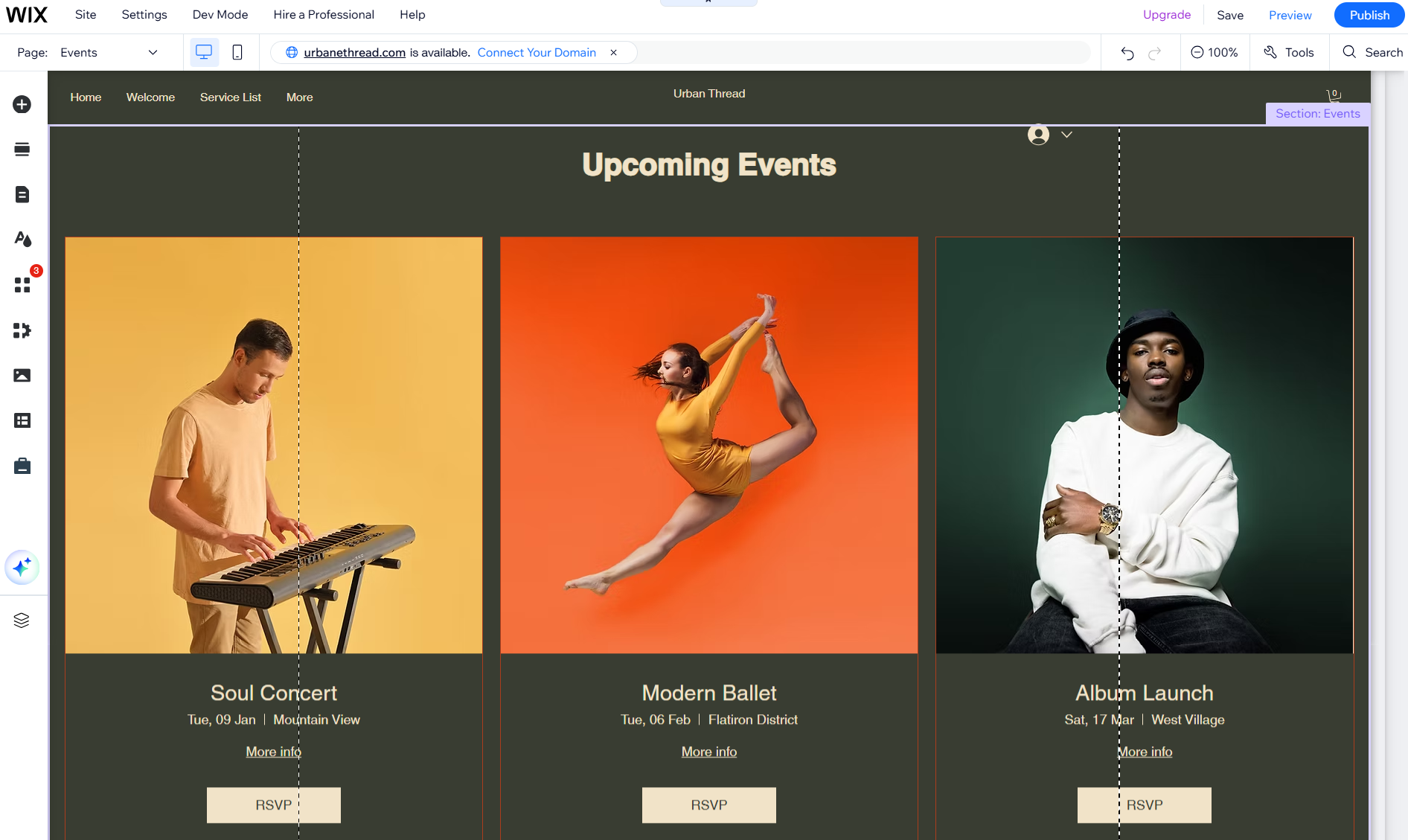 screenshot of Wix Events template