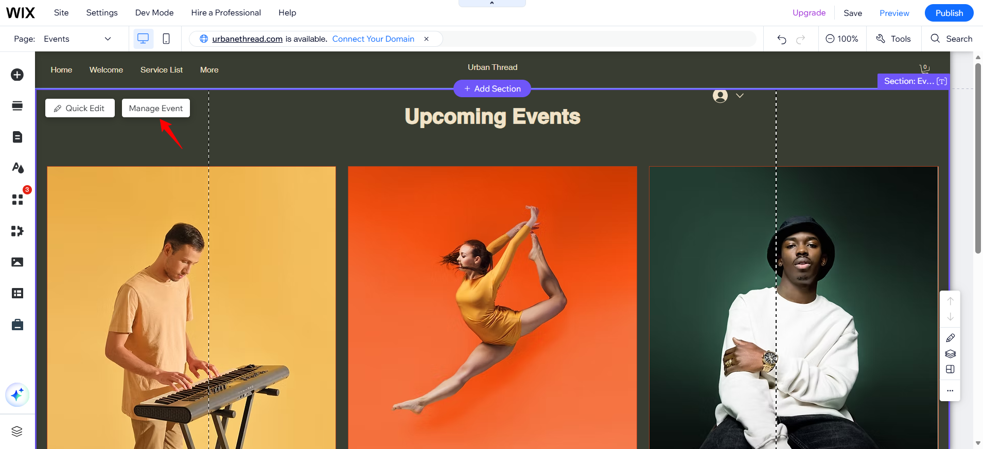 screenshot of 'Manage Events' button