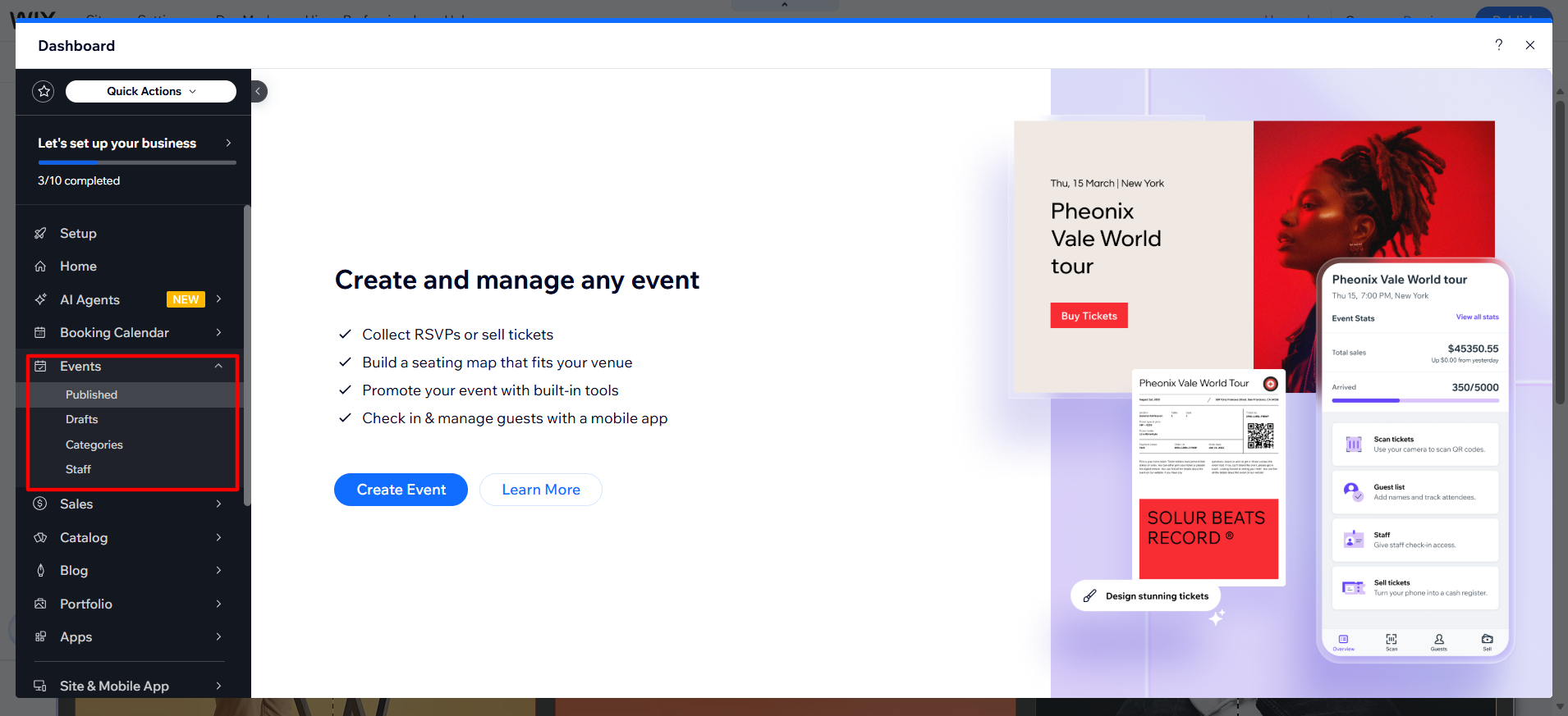screenshot of Wix Dashboard 'Events' tab