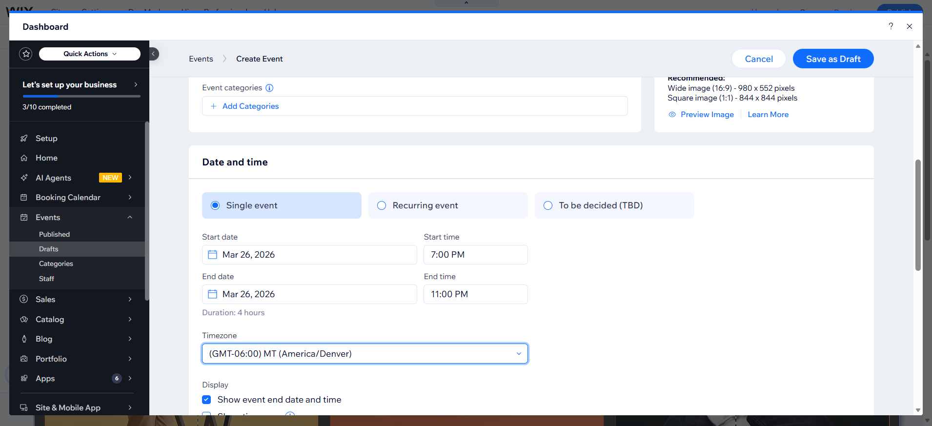 screenshot of Wix Dashboard 'Events Draft' tab