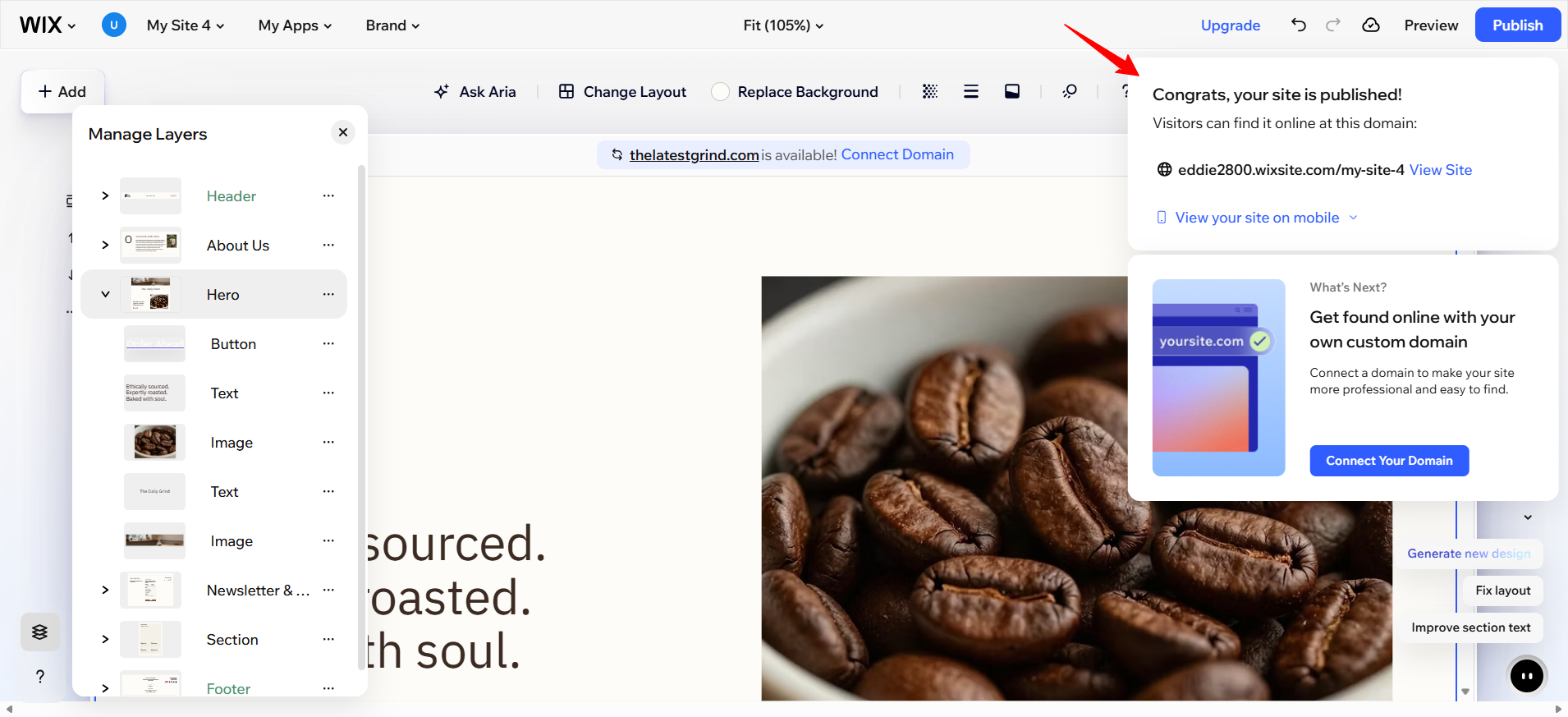 screenshot of message that site is published