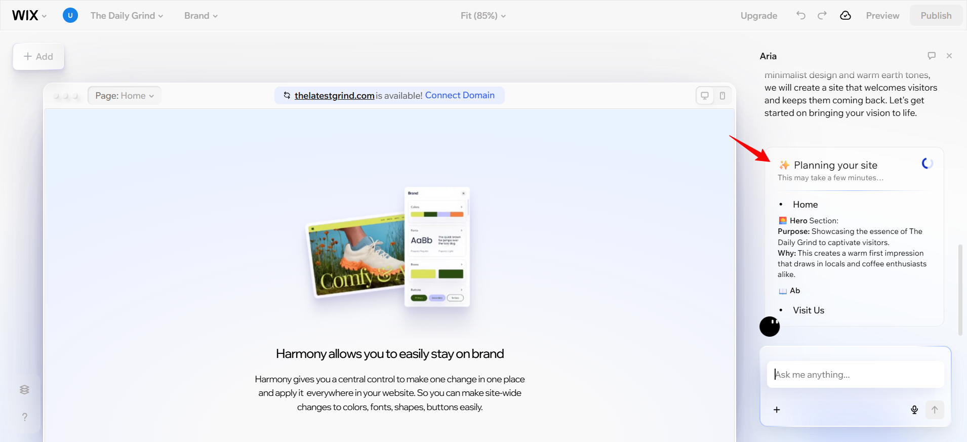 screenshot of Wix Harmony 'Planning your site' panel