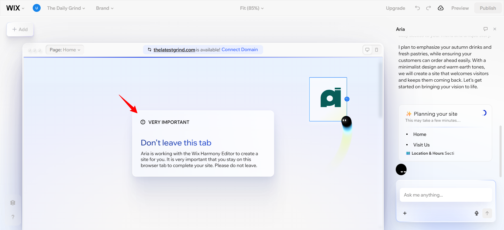 screenshot of Wix Harmony Important message