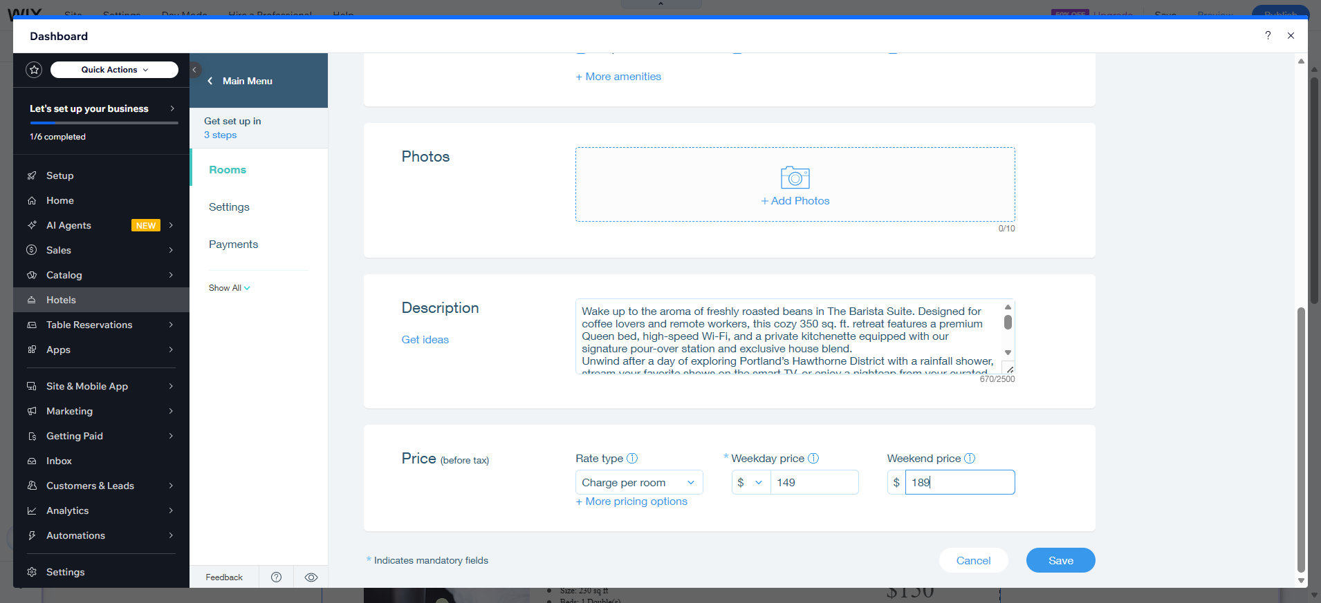 screenshot of Wix Dashboard Rooms settings