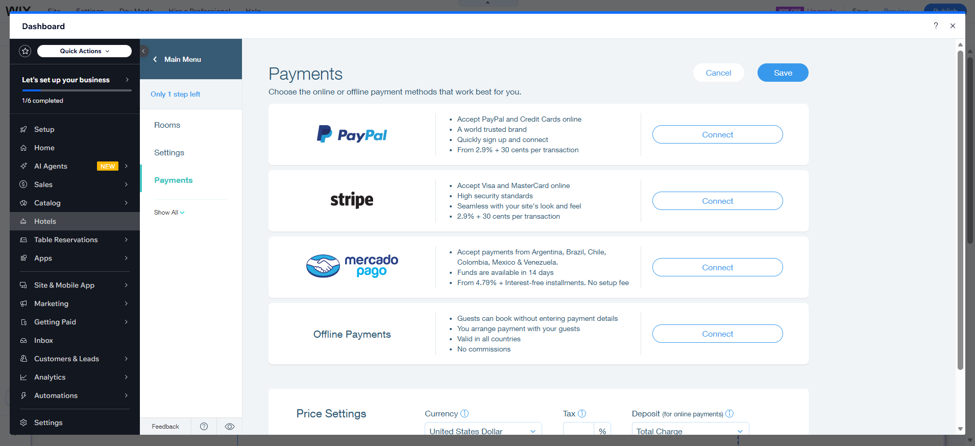 screenshot of Wix Dashboard Payments settings