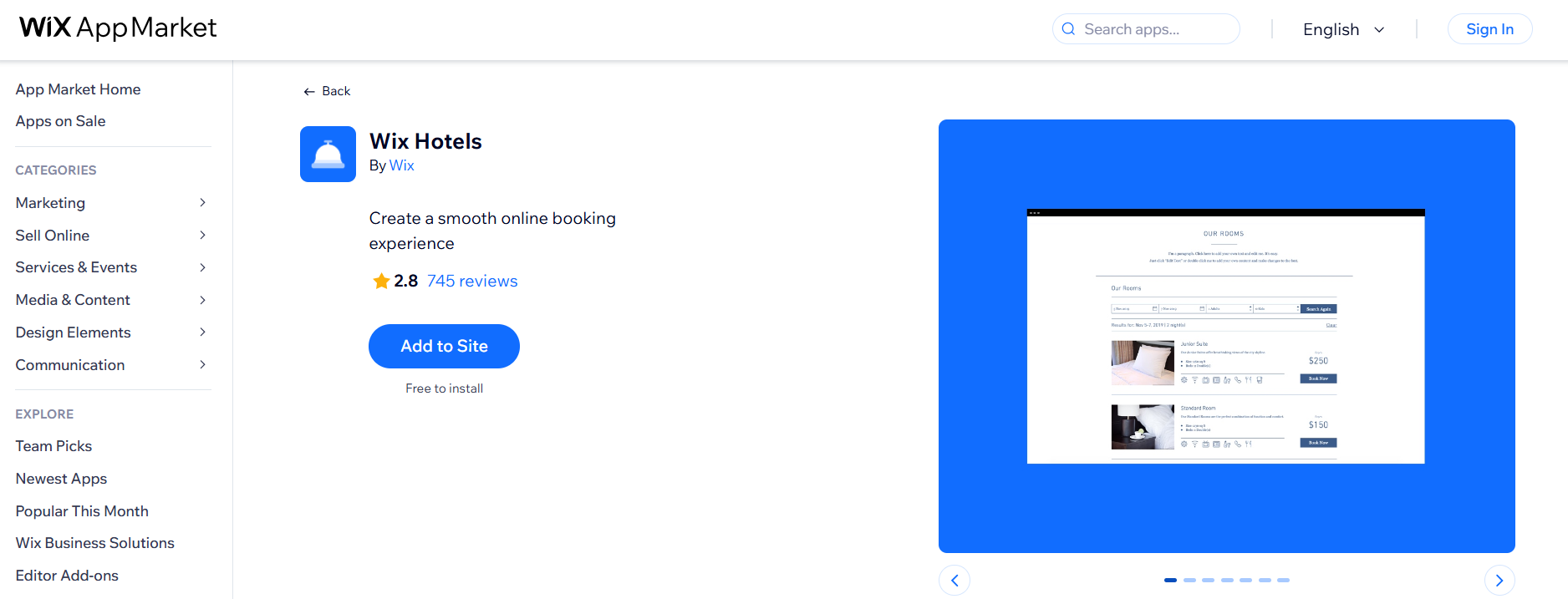 screenshot of 'Wix Hotels' App in Wix AppMarket