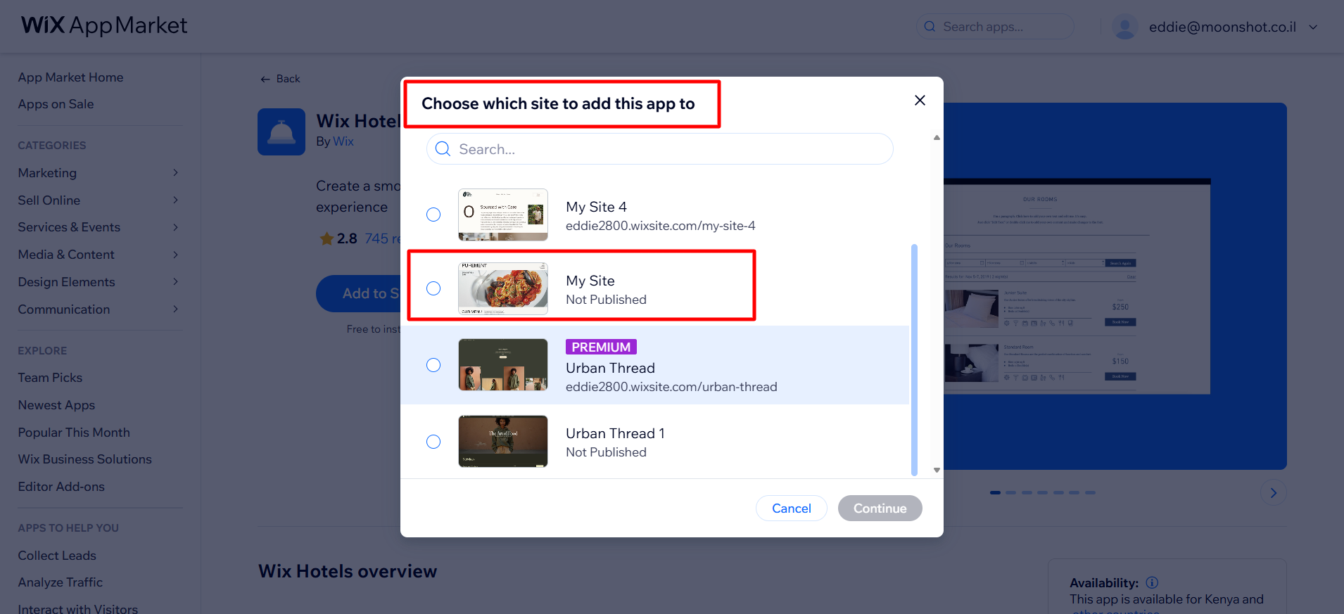 screenshot of 'choose a site to add this app' window